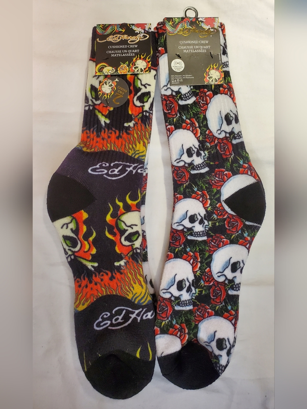 125. NEW - Ed Hardy Skulls, Fire & Roses Cushioned Crew Socks - 2 Pair